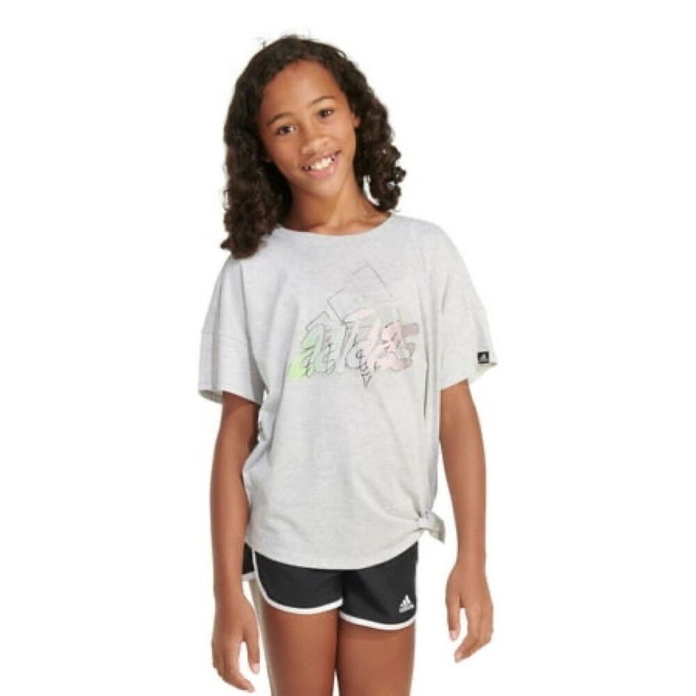 Adidas Girls Gray Front Knot Athletic T-Shirt Tee Shirt Large